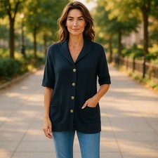 Navy Blue Button Front Shawl Collar Cardigan Ladies Large