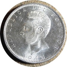 elf Ecuador 2 Sucres 1944 Mexico City Mint   Silver  World War II