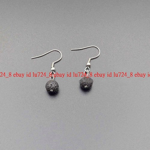 1 Pair 6/8/10/12mm Black Lava Stone Round Gems Beads Dangle Silver Hook Earrings - Bild 8 von 12