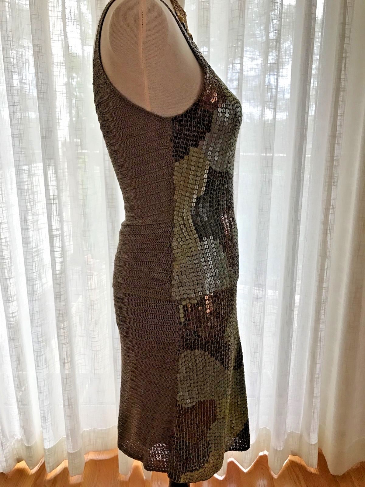 SUE WONG WOMEN'S RARE 3PC OUTFIT SET CAMO BRONZE/METALLIC CROCHET SEQUINED SZ M image 4