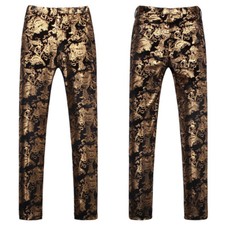 Men Baroque Foil Print Velvet Pants Party Dinner Prom Trouser Casual Fashion Fit