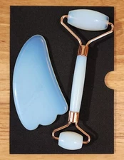 Opalite Facial Roller & Gua Sha Set Blue w/ Rose Tone Anti Aging Face Massager
