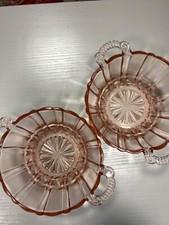 Vintage Pink Depression Glass Scroll Handled Ribbed Bowls Set Of 2