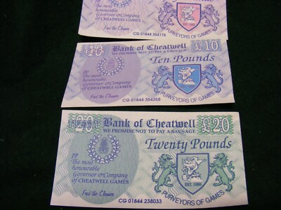 Lot of  3 diff. Cheatwell Games money...unused condition..10,20 & 50 Pounds