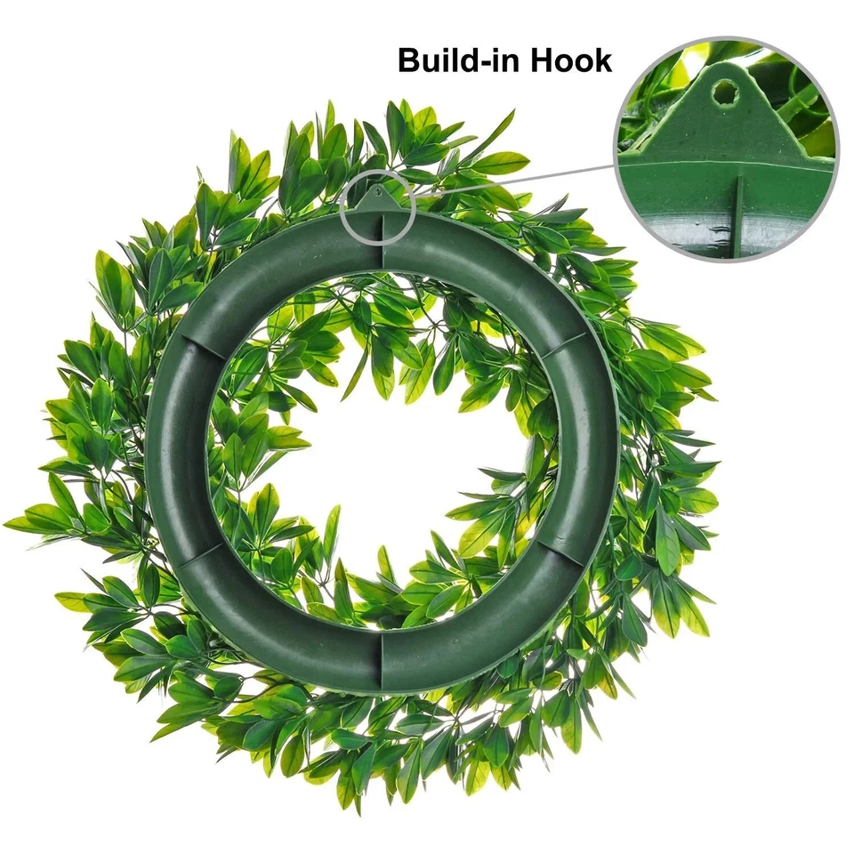 Corona de hojas verdes artificiales de 17", corona de boj artificial Foto 3 de 4