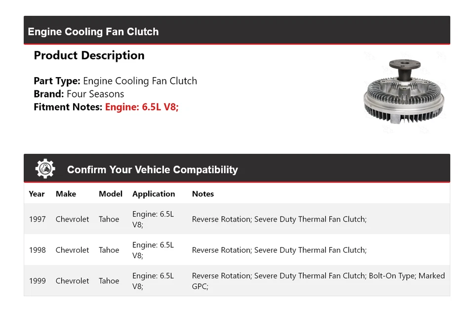 Муфта вентилятора охлаждения двигателя V8 для Chevrolet Tahoe 6,5 л 1997-1999 годов выпуска 4 сезона 1998 года - Изображение 2 из 4