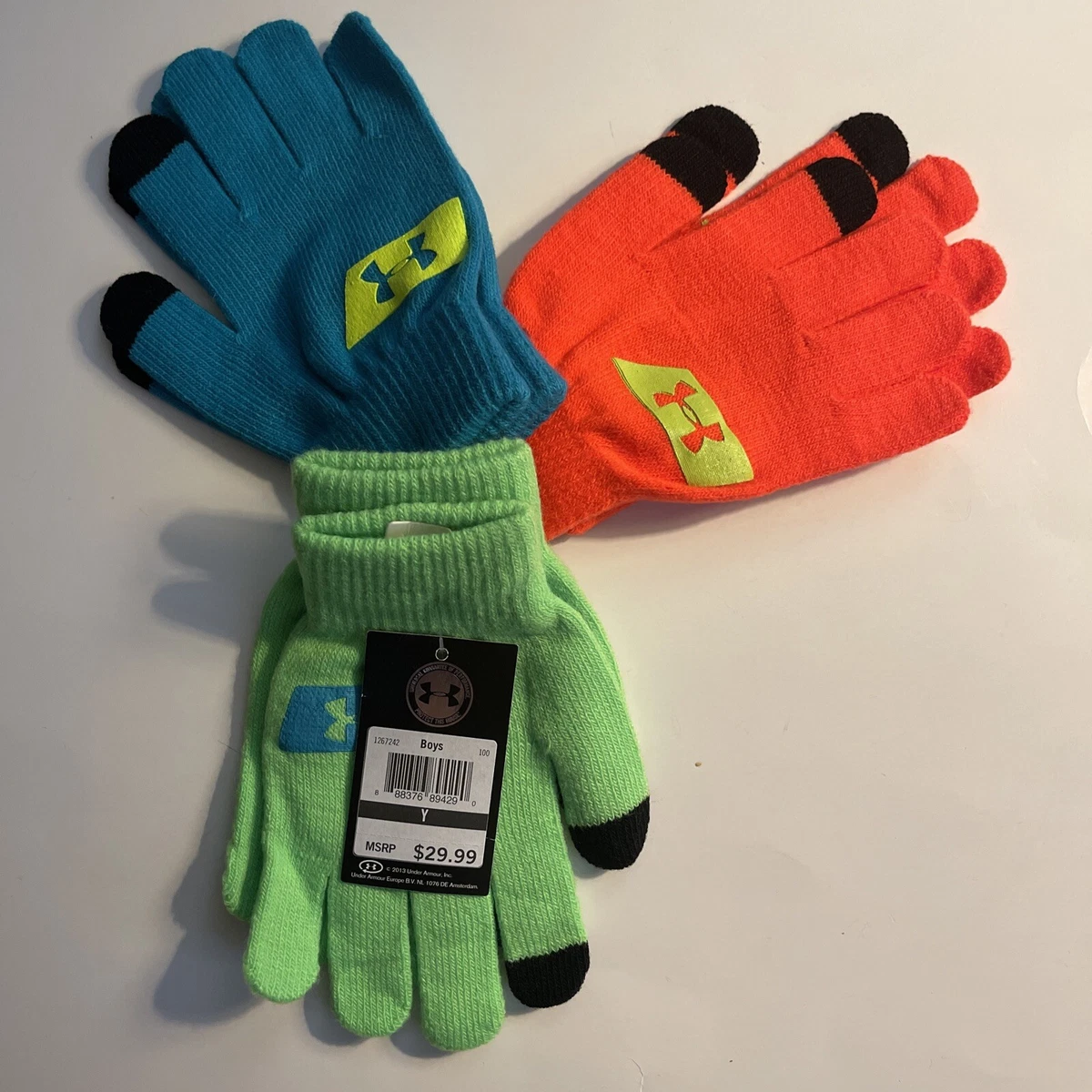 Under Armour Boys Youth Gloves 3 Pairs Set Lime Green Orange Teal