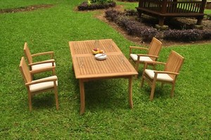 DSWV A-Grade Teak 5pc Dining Set 118" Rectangle Table 4 Stacking Arm Chair Patio