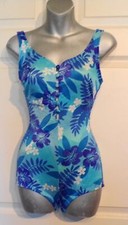Vintage Maxine of Hollywood Blue White Nylon One Piece Swim Suit Bathing Suit 10