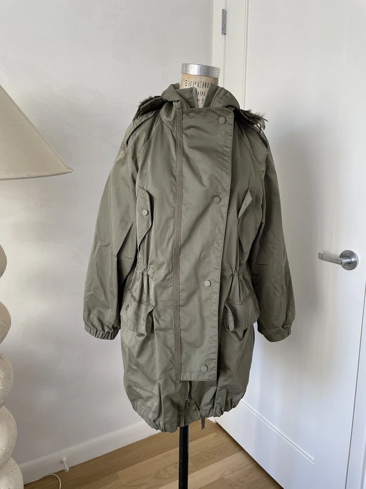 Max Mara Weekend  Khaki Green Parka With Detachable Feather Hood Size Small - Image 3 of 4