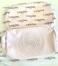 2 Lot Lancome Light Pink Cosmetic Makeup Bag Rose Design Zipper Closure 7”x5”x2”