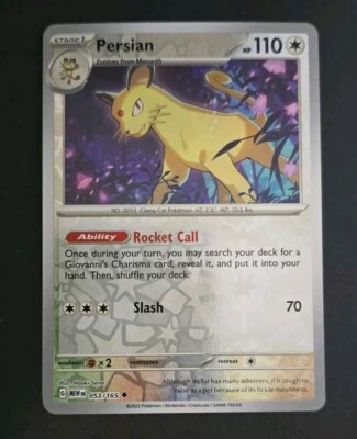 Persian Uncommon Reverse Holo Scarlet & Violet 151 Pokemon TCG Card 053/165