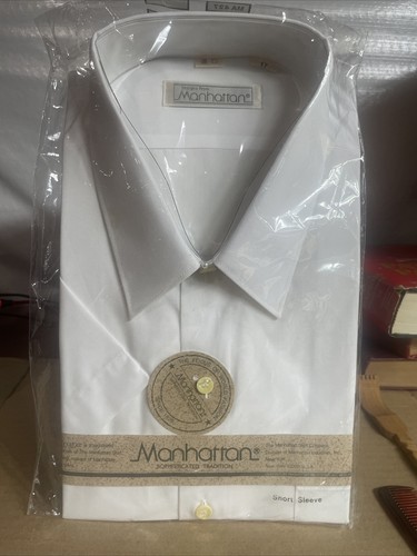 Vintage Manhattan Men's Short Sleeve Dress Shirt Size 17 White Solid