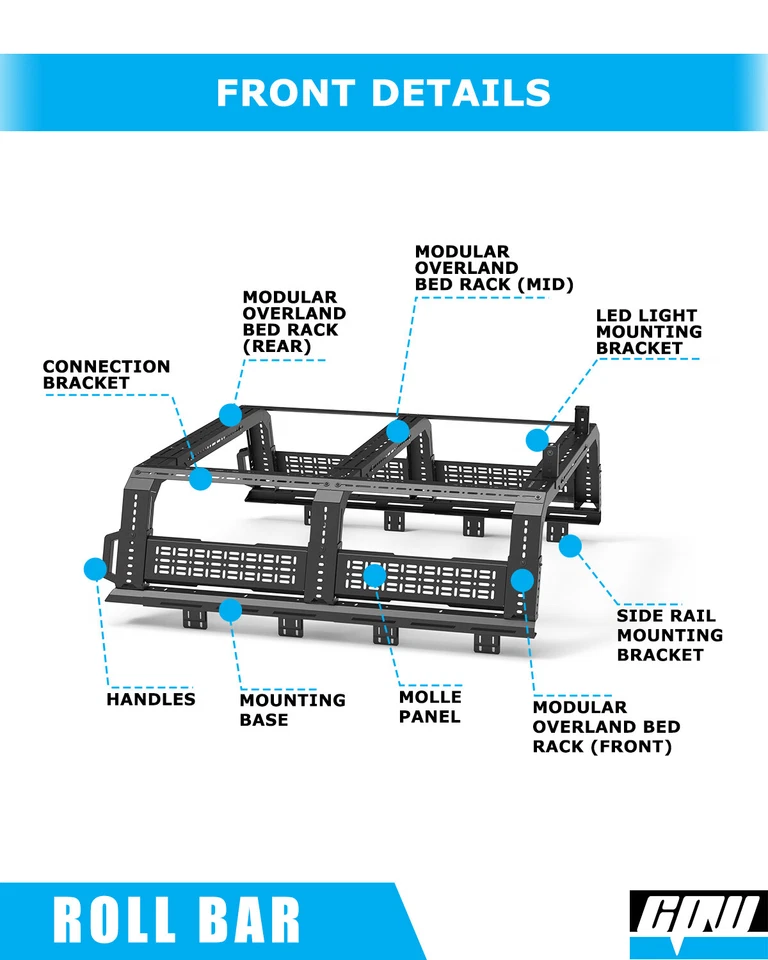 Full-Size Truck Sport Roll Bar Adjustable Chase Rack Universal with Molle Panel - Изображение 2 из 4