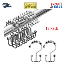 12 Pack Metal Shower Curtain HOOKS RINGS Double Glide Roller Set for Bathroom 