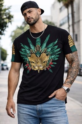 Namor Inspired Aztec Warrior Graphic Shirt Black Gold Sleeve Print Men s L