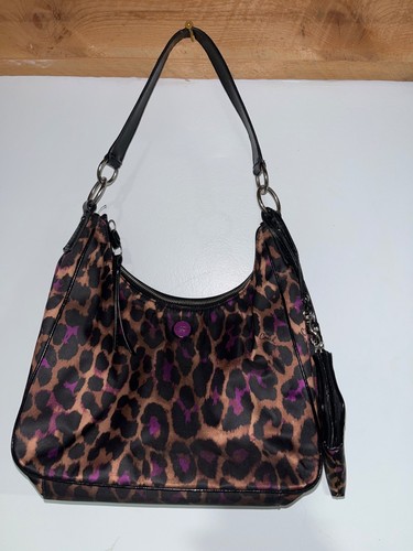 Coach F26033 Ocelot Print Schultertasche Schwarz & Lila Leder Beuteltasche & Minitasche
