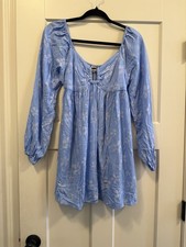 American Eagle Mini Dress Floral Blue Puff Sleeve Scoop Neck Ruched Size M EUC