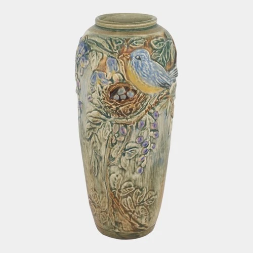 Weller Glendale 1920s Vintage Pottery Bird With Nest Tall Vase McLaughlin