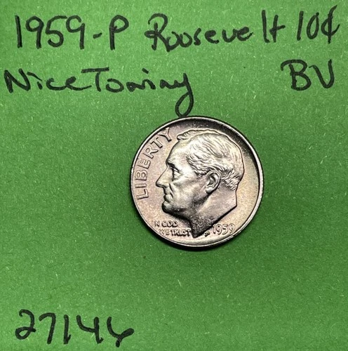 1959-P Roosevelt Dime 10c BU Brilliant Uncirculated 90% Silver Nice Purple Tone