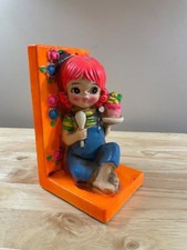 Vintage 1969 Holiday Fair Chalkware Girl Bookend Orange Cupcake MCM Retro Kitsch