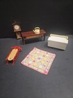 VINTAGE MINIATURE WOODEN DOLLHOUSE SLED, RUG, TABLE CLOCK,TEA POT,HOPE CHEST — photo 1