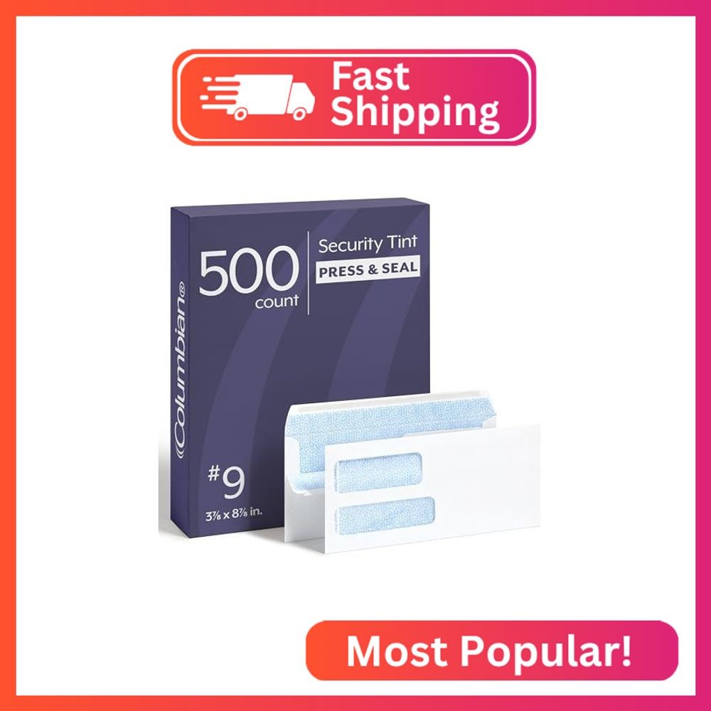 Columbian #9 Security Envelopes, 500 Pack, Double Window Self Seal Envelopes for