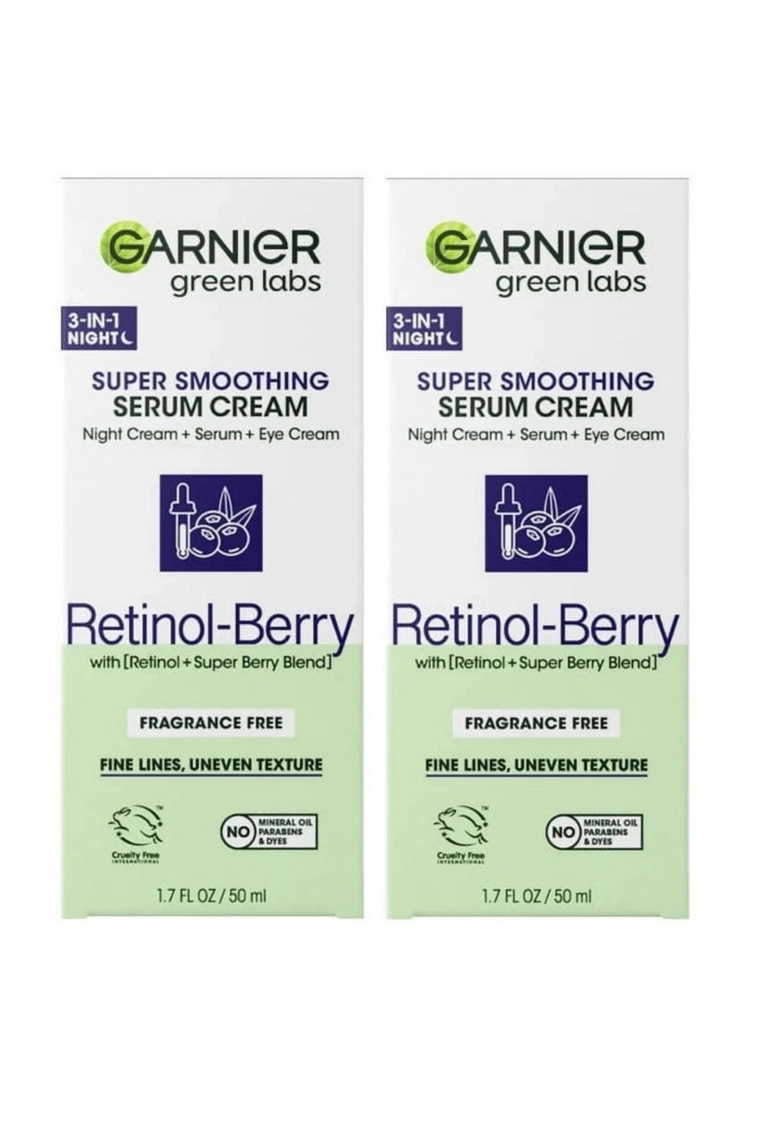 2 GARNIER Green Labs Retinol Berry Super Smoothing Serum Cream 3 in 1 Night