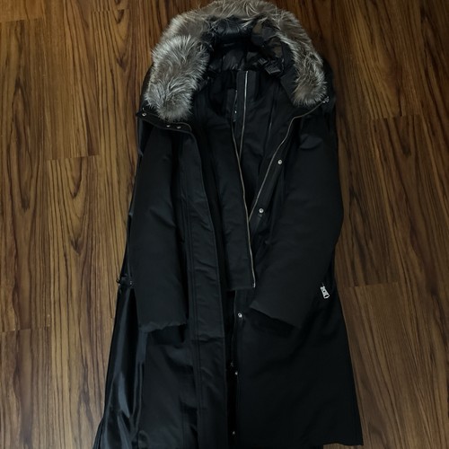 Mackage Black Hooded Fur Trim Down Parka Coat Long Quilted Women's Size S
