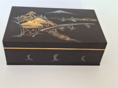 Japanese Damascene Style Metal Box-Mt. Fuji-Pagoda-No Signature