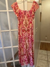 LOFT Women’s Midi Dress 8 Pink Orange Paisley Print Flutter Sleeves Summer