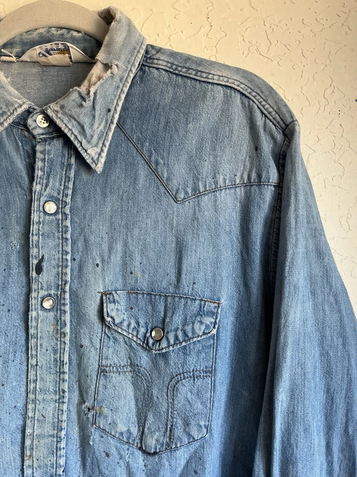 Camisa Dickies De Colección Para Hombre Grande Denim Perla A Presión Botones Envejecido Grunge Foto 4 de 4