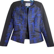 Classiques Entier Blue/Black Geometric Wool Blend Jacket Cropped Blazer Size 2
