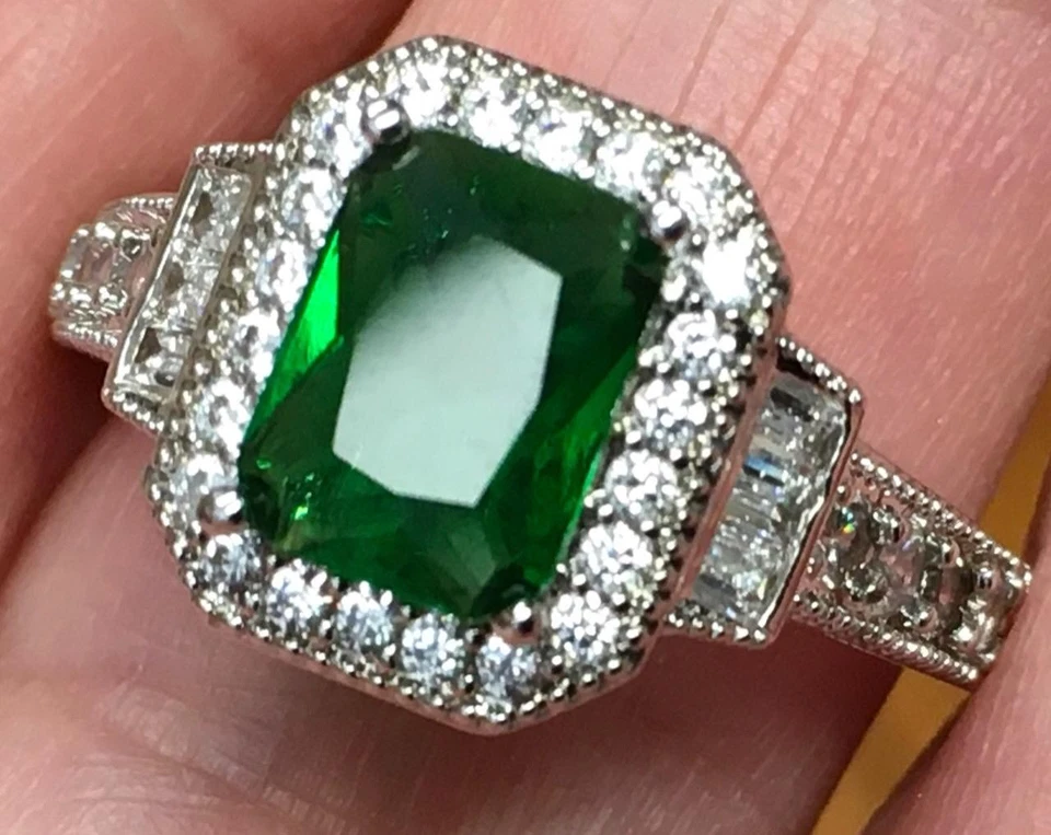 Anel de diamante turmalina genuíno ouro 14K sólido 925 verde esmeralda REAL tamanho 9 - Imagem 2 de 4