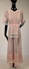 EDWARDIAN PALE PINK STRIPED MUSLIN DRESS W SILK TASSEL FRINGE TRIM