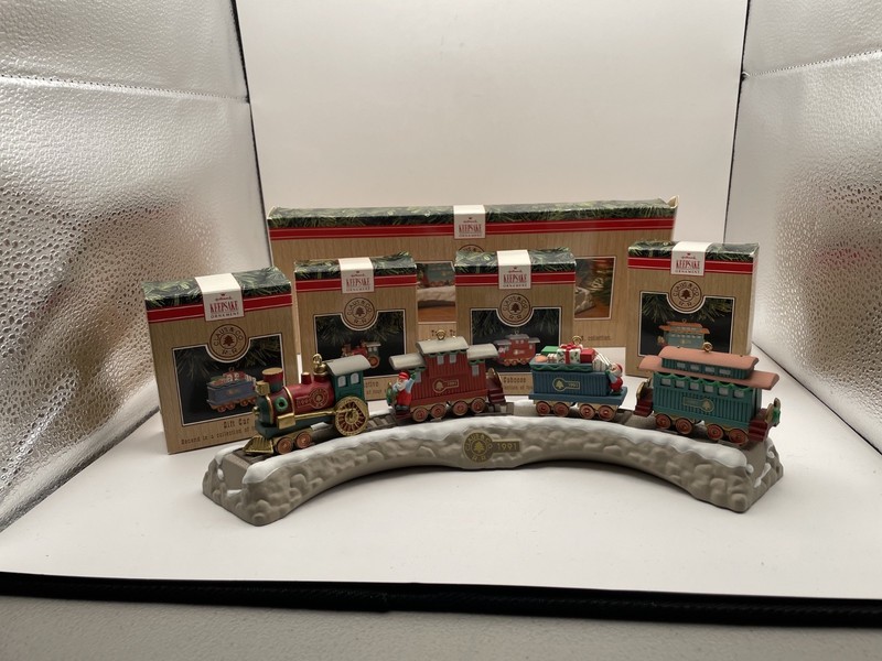 1991 Hallmark Keepsake Ornaments Train Stand and Train Cars with boxes