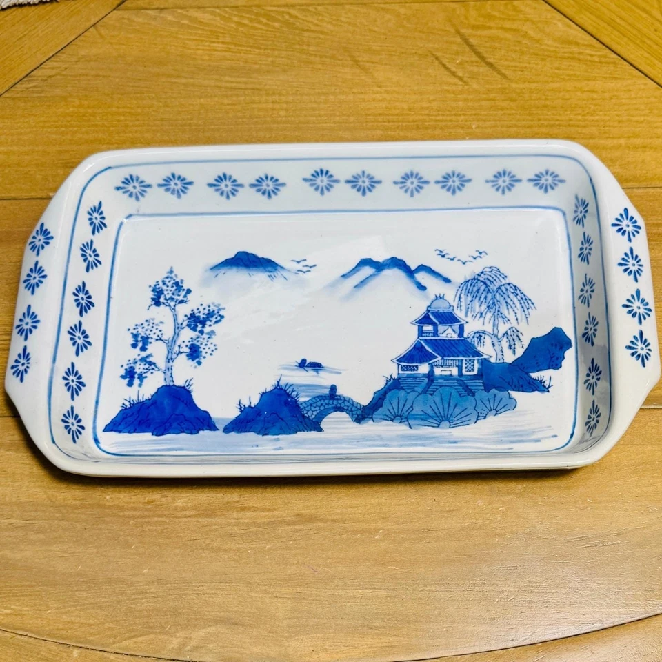 Asian Pagoda Design Vintage Blue and White Porcelain Serving Tray Japanese Dish - Image 4 of 4