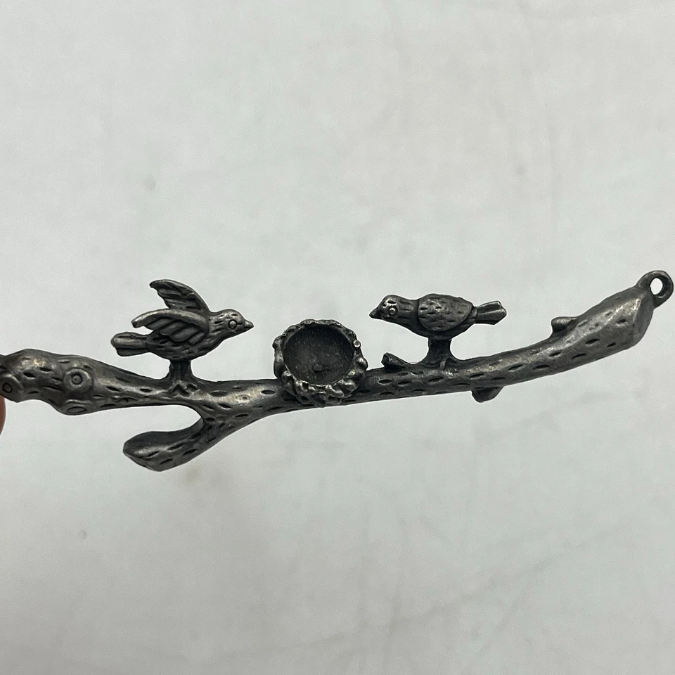 Birds with Nest Bar Pendant For Necklace Beaded Pewter Silver Tone Bird Spring - Image 2 of 4