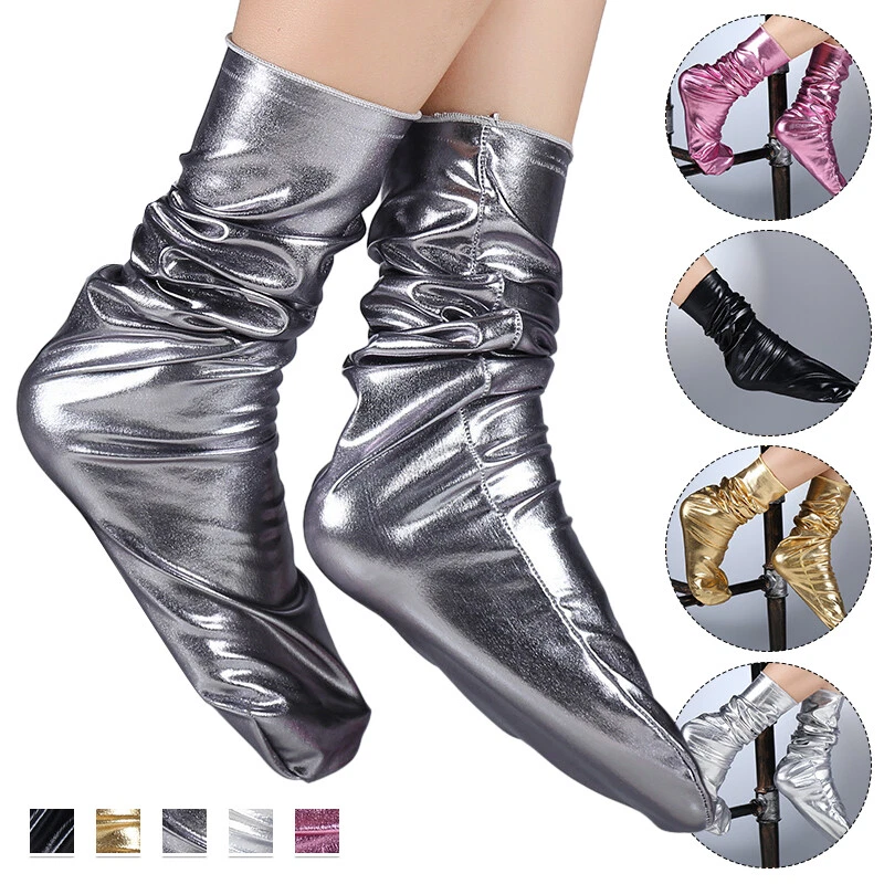 Mujeres Cuero PU Calcetines Discoteca Aspecto Húmedo Club Usar Calcetines Elásticos Crew Calcetines Foto 2 de 4