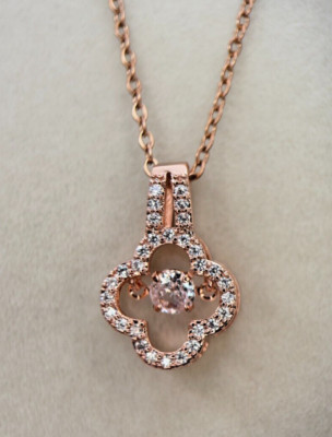 Fifth Ave Rose Gold Rhinestone Clover with Stem Pendant Necklace