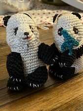 Lot 2 Vintage Crochet Black White Panda Bear Ornaments