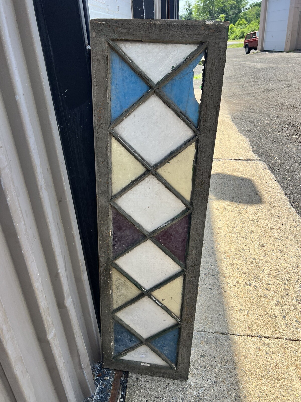 antique c1880 stain glass transom window 52/14.75/1.5” - snowflake pattern glass