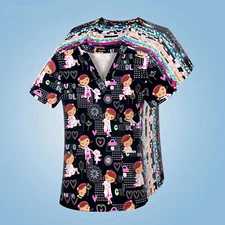 Nurse Scrubs Uniforms Short Sleeve Cartoon Print V Neck Workwear Medical Uniform