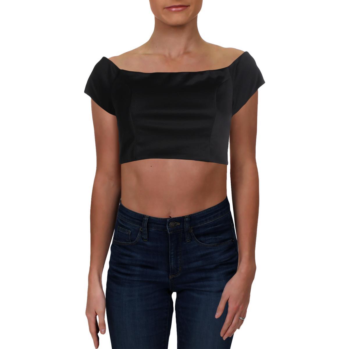 Trixxi Womens Black Knit Off-the-shoulder Crop Top Blouse