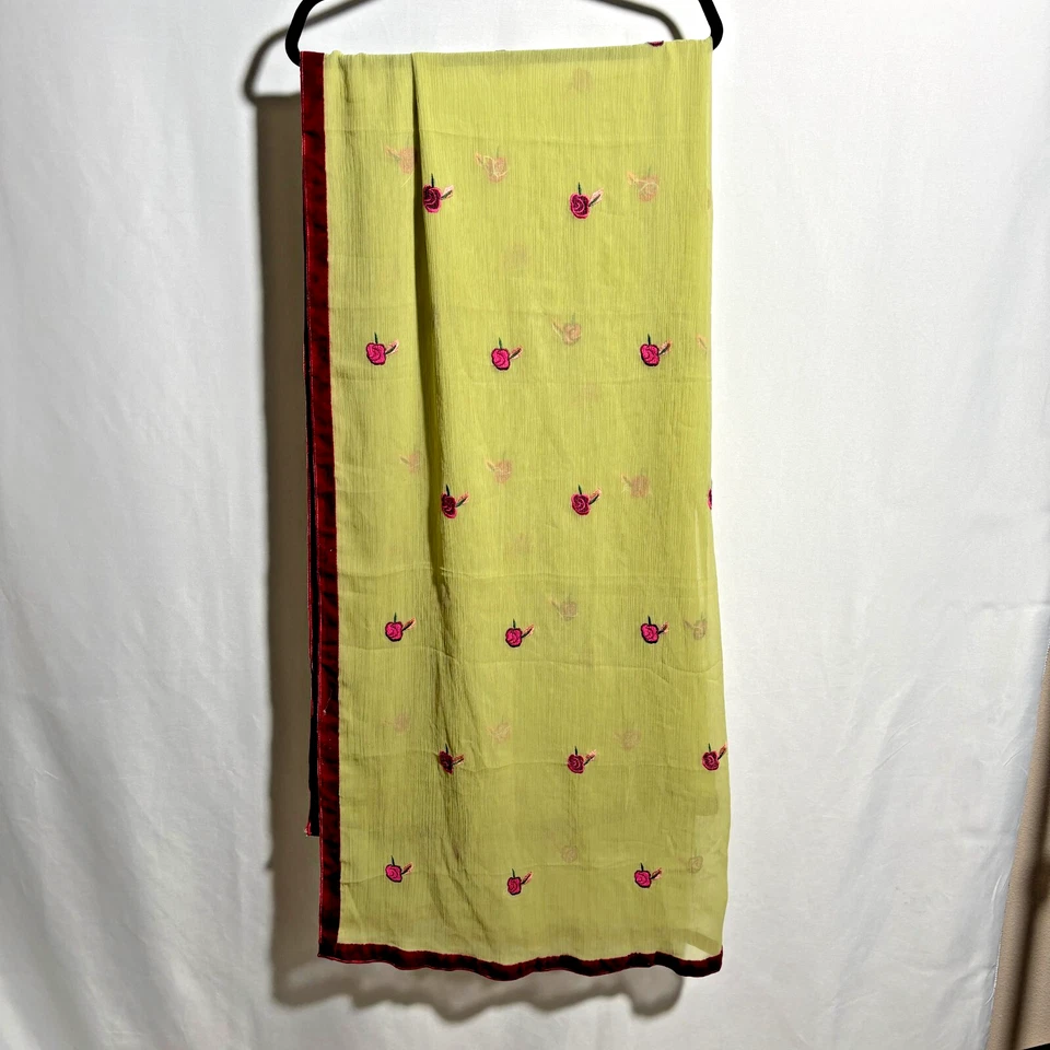 Green Chiffon Silk Scarf Wrap Pink Embroidered Flowers Red Velvet Trim * - Image 2 of 4
