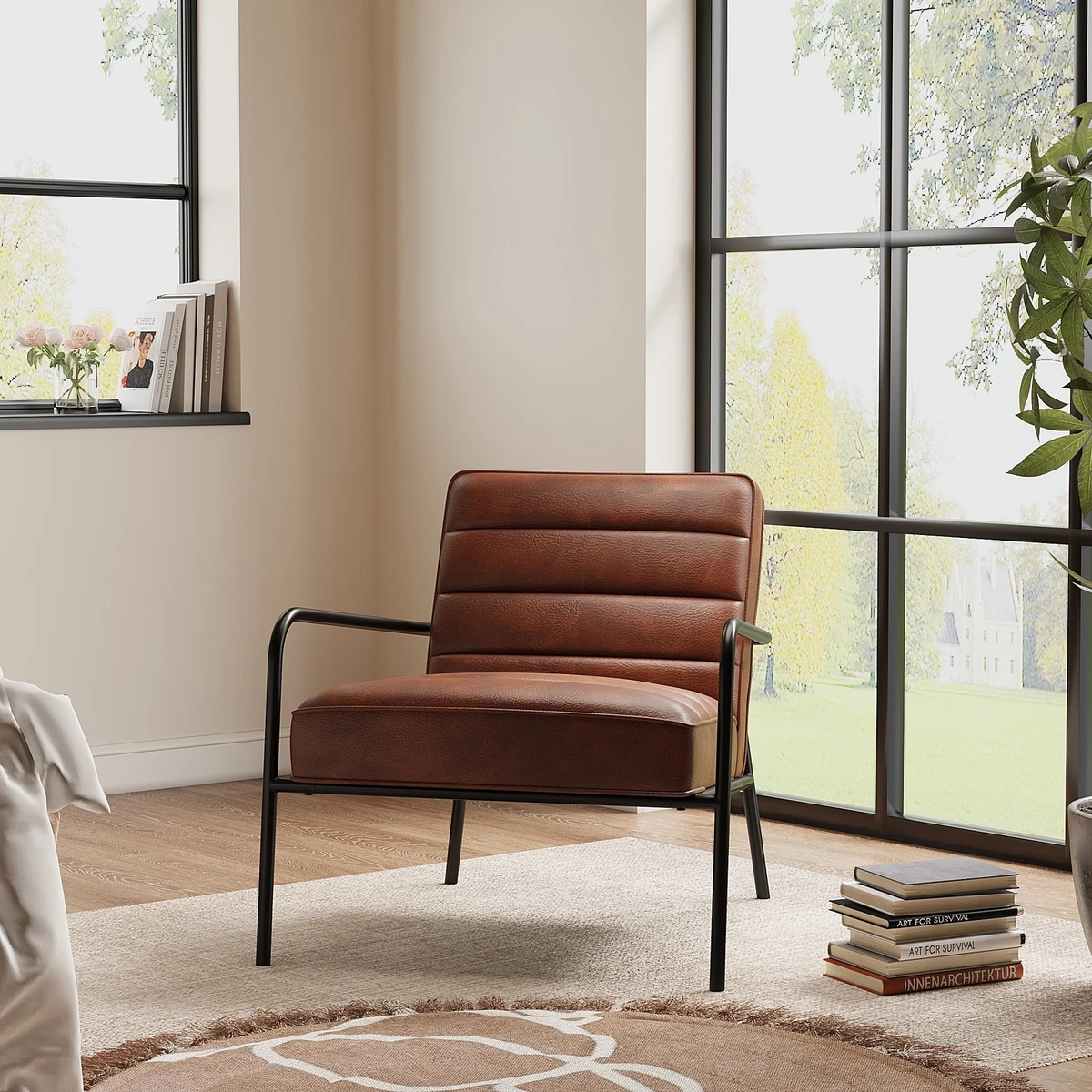 Modern Distressed Faux Leather Tan Armchair Chair Lounge Chair Sofa Oyster Chair