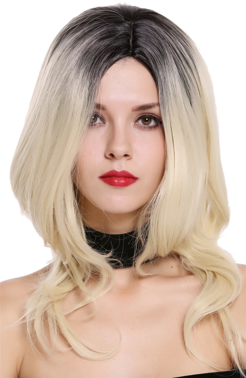 Ladies Wavy Voluminous Ombre Wig Black to Platinum Blonde Middle Part