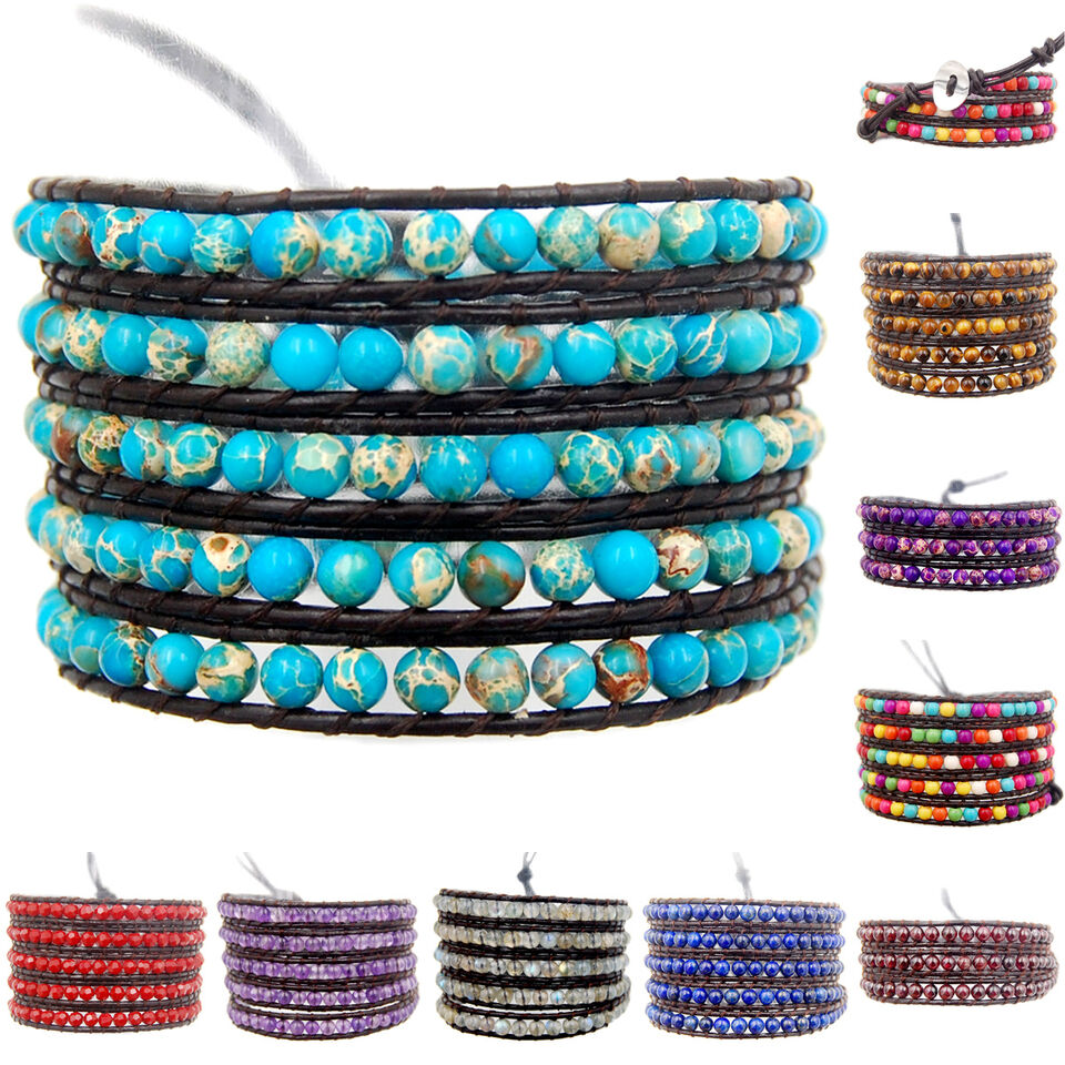 Hot Colorful Hand Made Mixed Crystal and Gemstones Beads Wrap Leather Bracelet