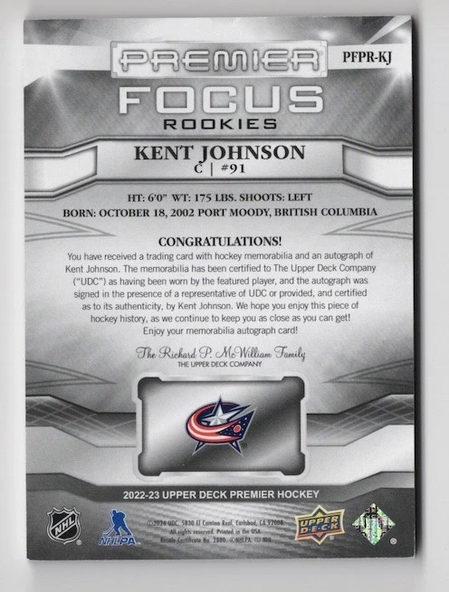 2022-23 Upper Deck Premier Focus Rookie Auto Patch Gold Kent Johnson 20/49 - Image 2 of 2