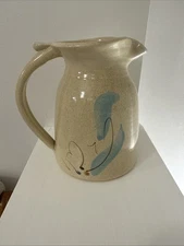 Vtg Clay Stoneware Pottery Glazed Pitcher Beige W/Blue 6” Tall.  Flawless